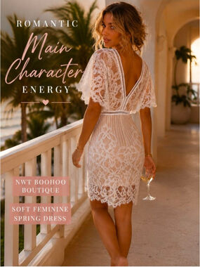 Boohoo Boutique White Lace Bodycon Dress Nude Lining Romantic Spring Mini Dress